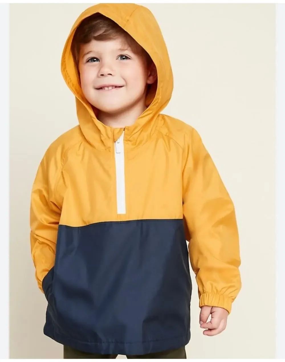 Old Navy Toddler Yellow/Navy Color Blocked Rain Jacket with Hood, 18-24 Months
